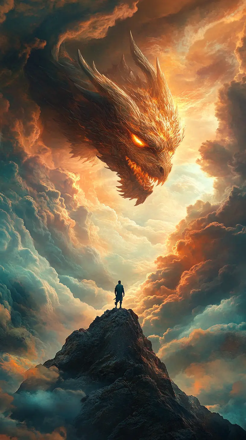Lone figure on mountain peak under looming dragon clouds