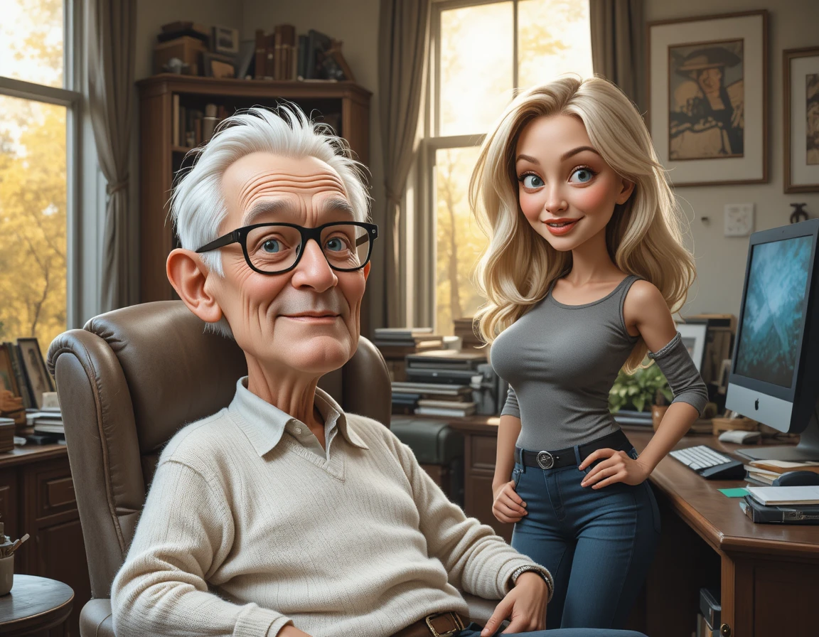 Older man relaxing as younger woman stands in home office