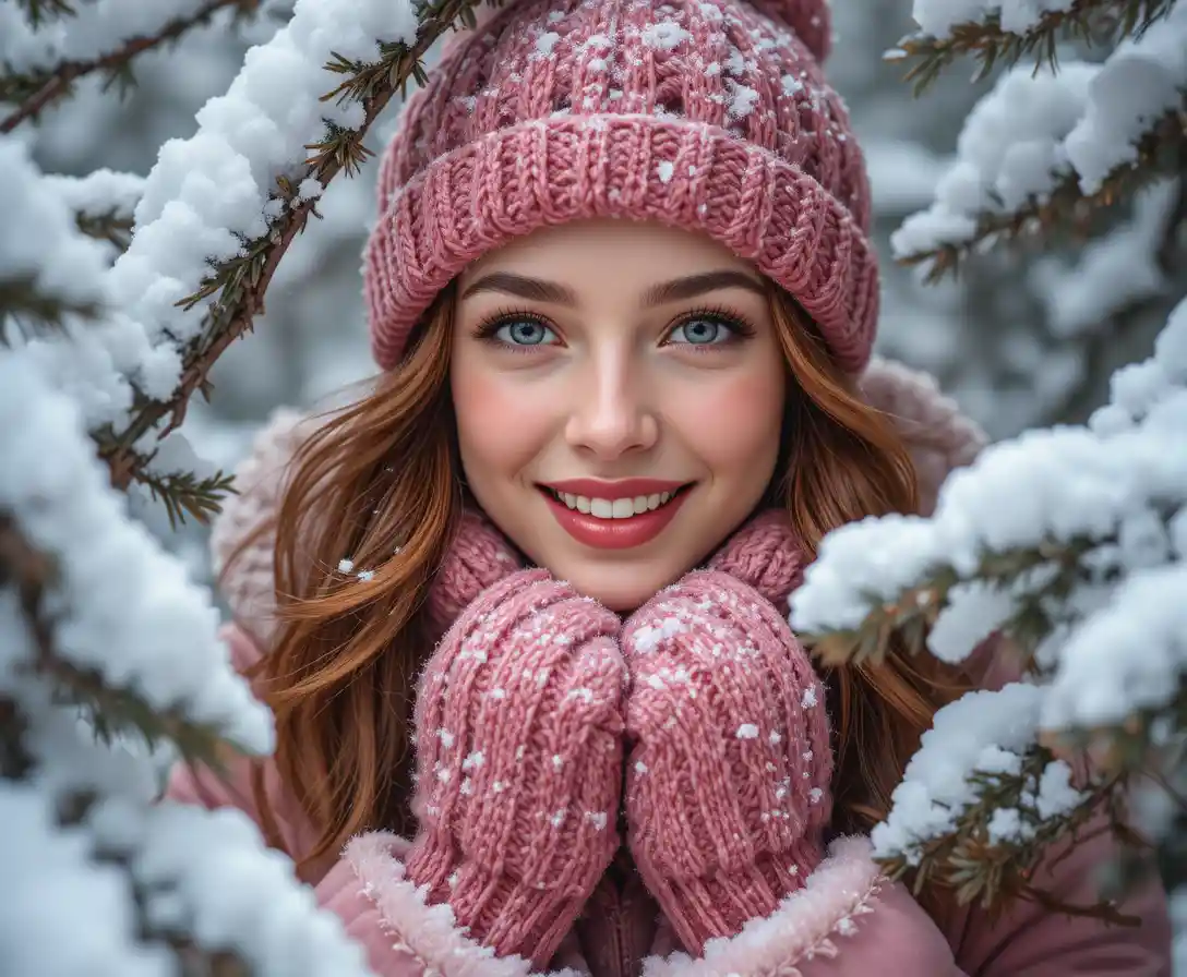Joyful red haired woman in snow covered winter forest