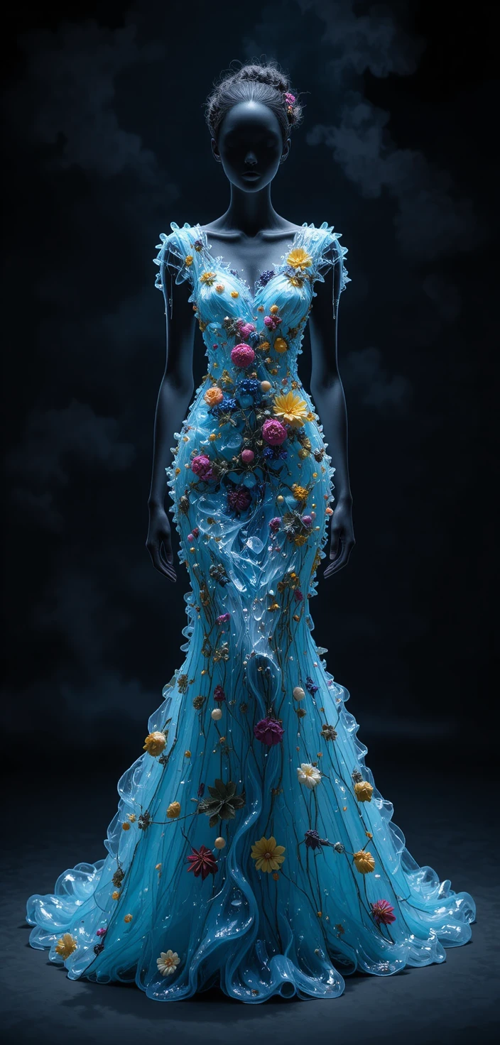 Abito couture d’avanguardia in acqua e lava su palco nero