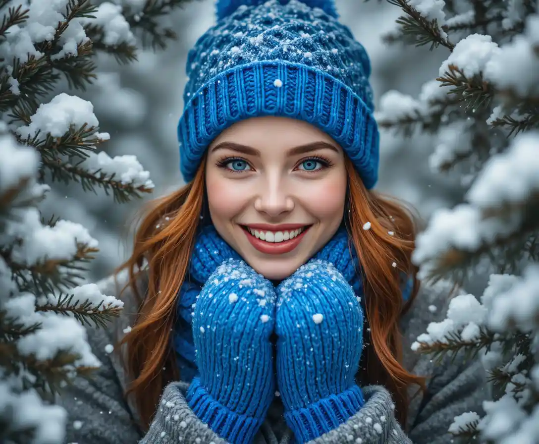 Joyful red haired woman behind snowy pine branches