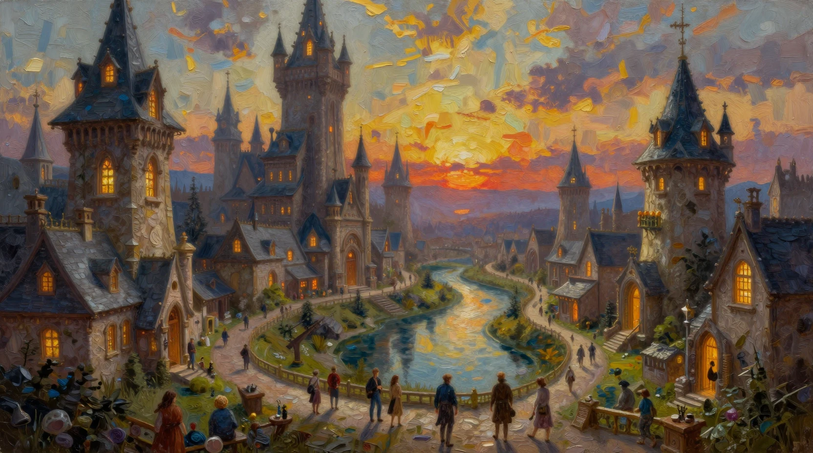 Ville fantastique féerique aux flèches au coucher de soleil lumineux