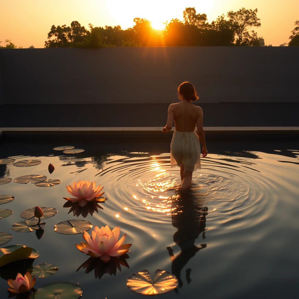 Femme entrant dans un bassin paisible au coucher du soleil avec des fleurs de lotus