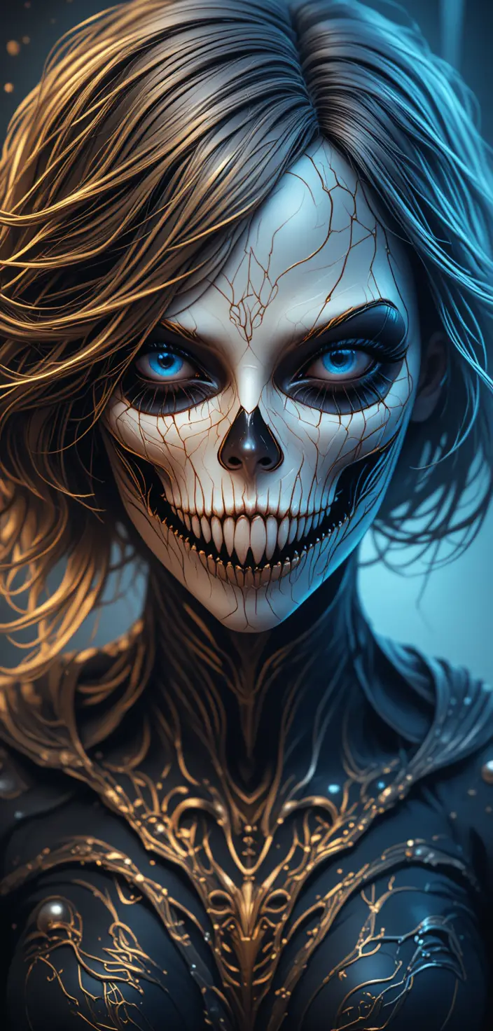 Frightening woman with jagged golden skull face and dark hair