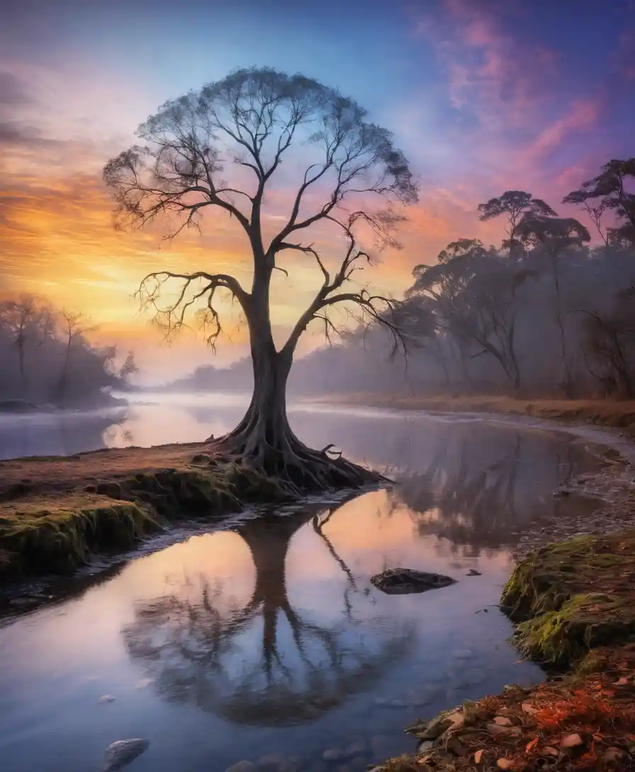 Einsamer Baum, der sich in einem nebligen Fluss bei Sonnenuntergang spiegelt