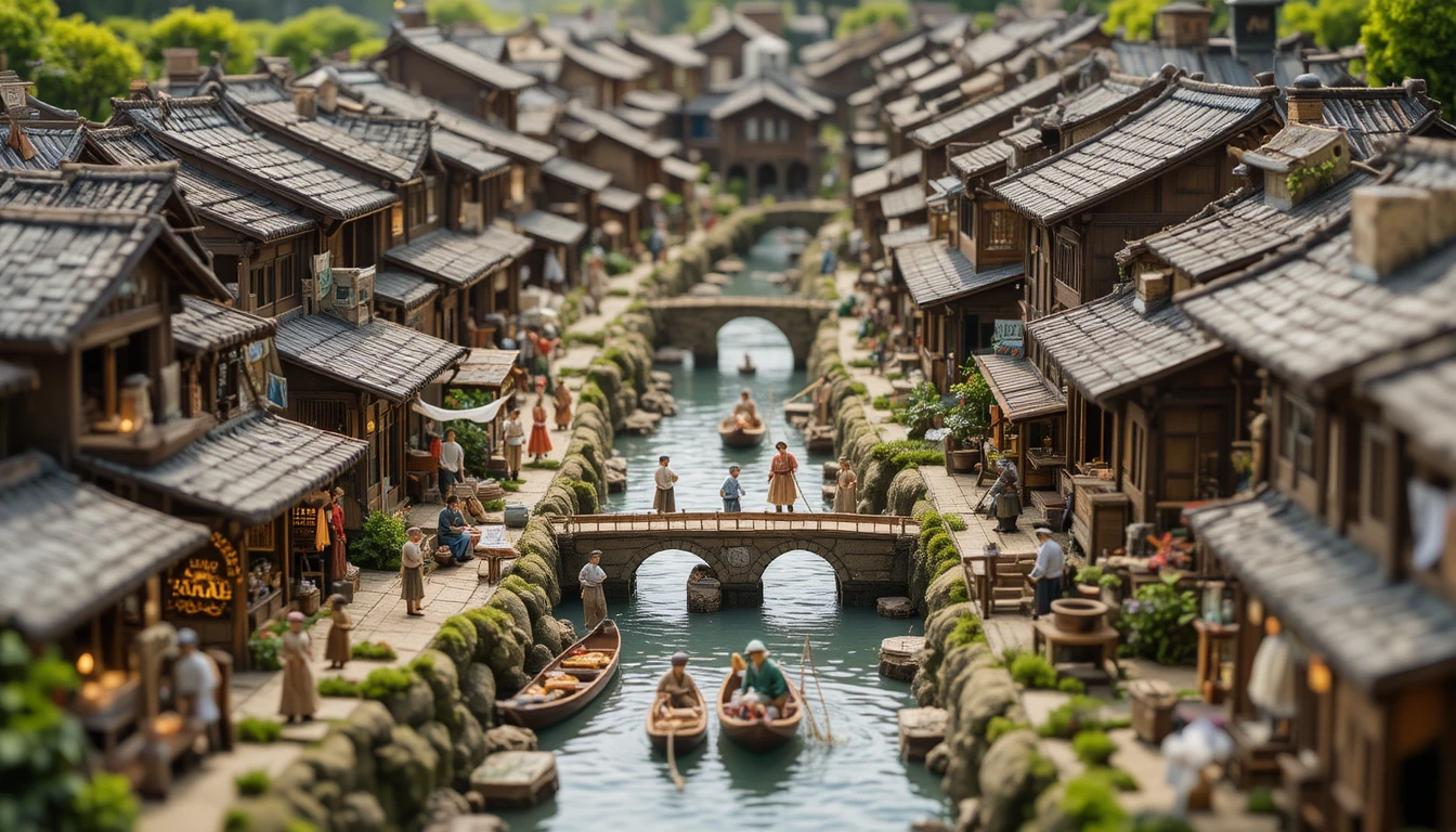 Miniatur eines feudalen japanischen Kanaldorfs mit geschäftigem Alltagsleben