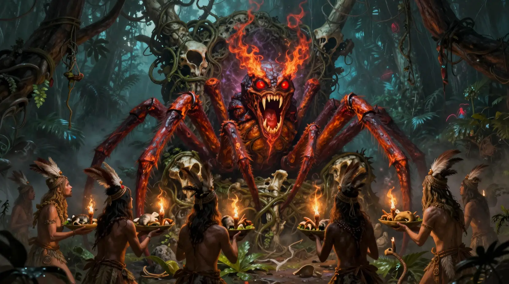 Demonic spider creature worshiped by fearful jungle villagers