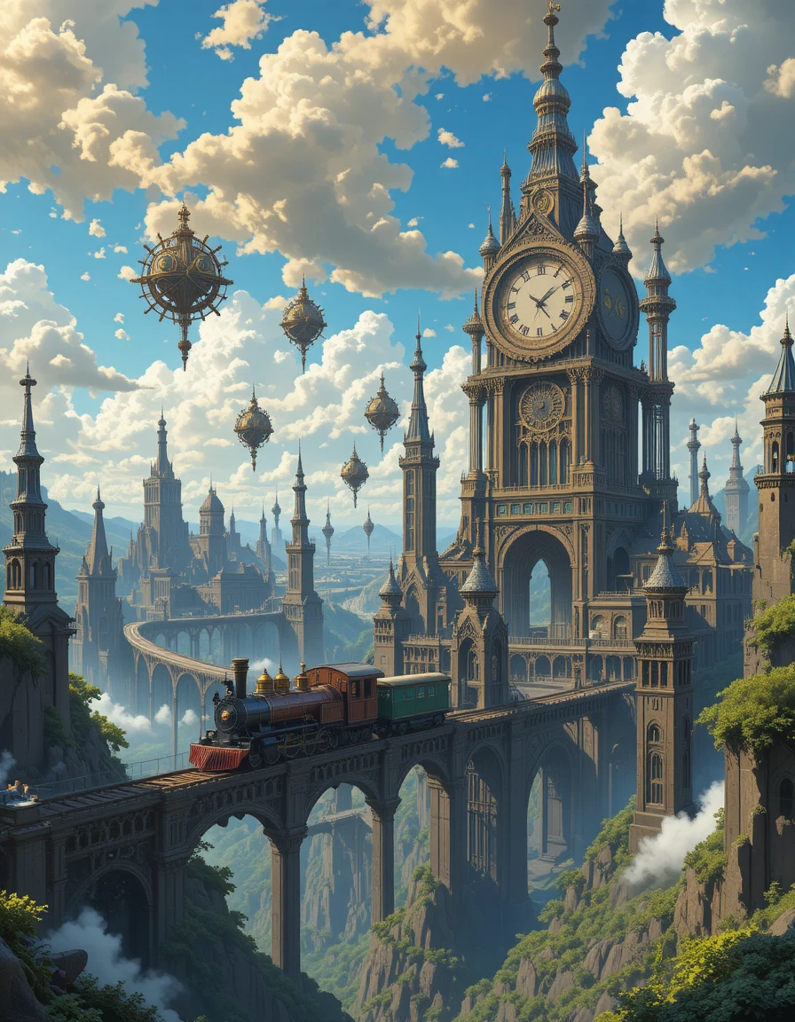 Steampunk-Züge kreisen durch einen Himmel aus riesigen schwebenden Zahnrädern