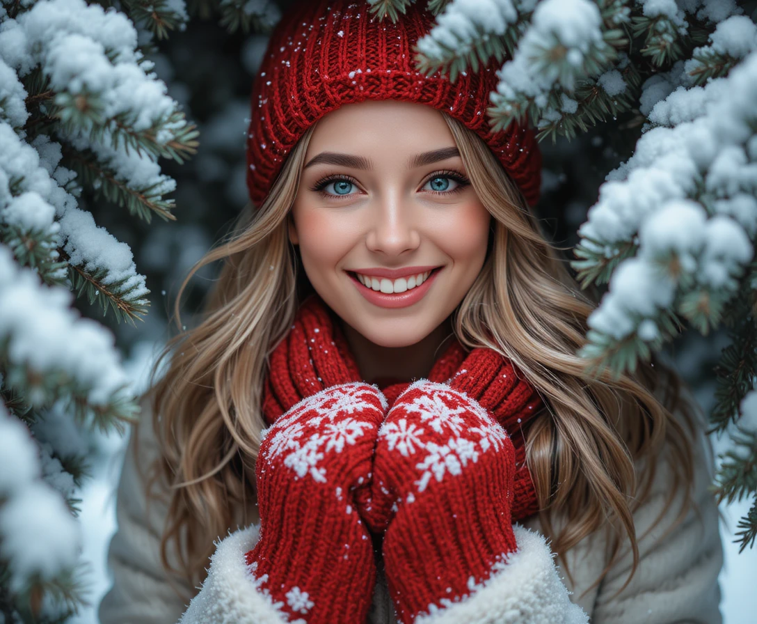 雪の枝の後ろでほほ笑む赤い冬服の女性