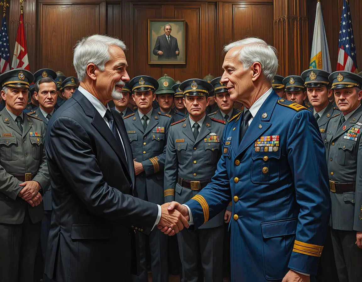 Businessman shaking hands with decorated military officer indoors