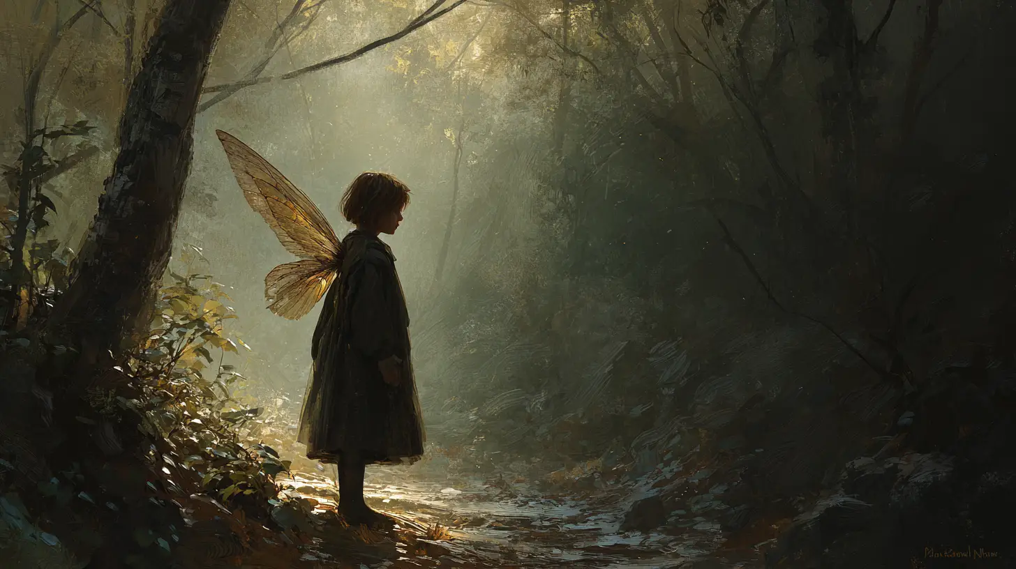Bambino alato solo in una foresta fantasy silenziosa