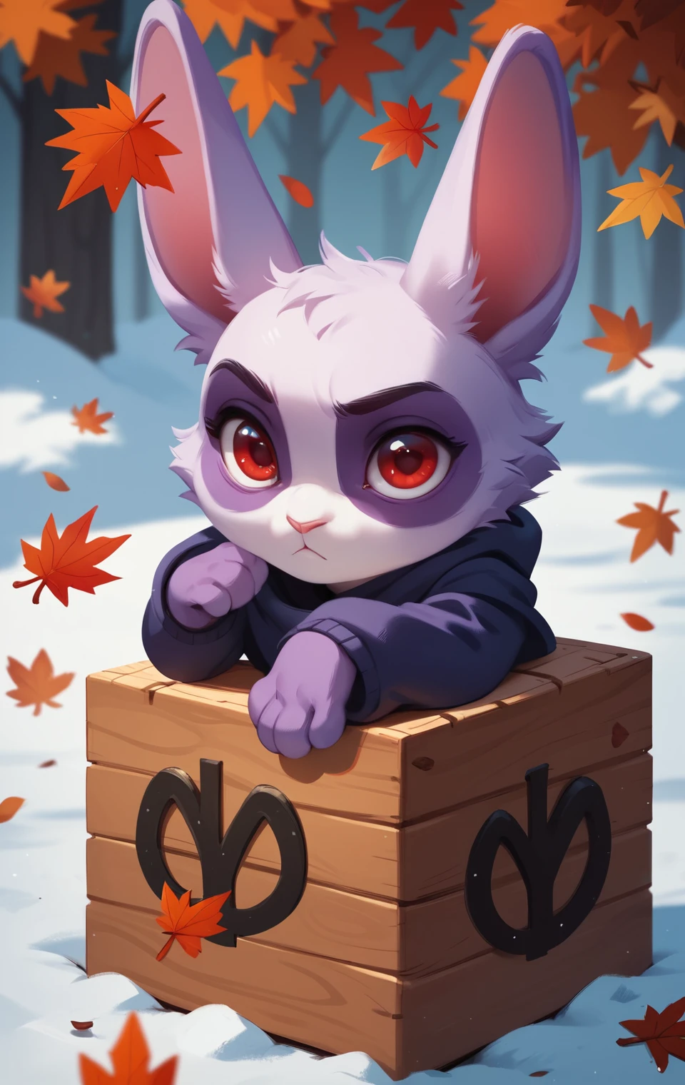 Purple rabbits creeping through winter leaves beside domino blocks