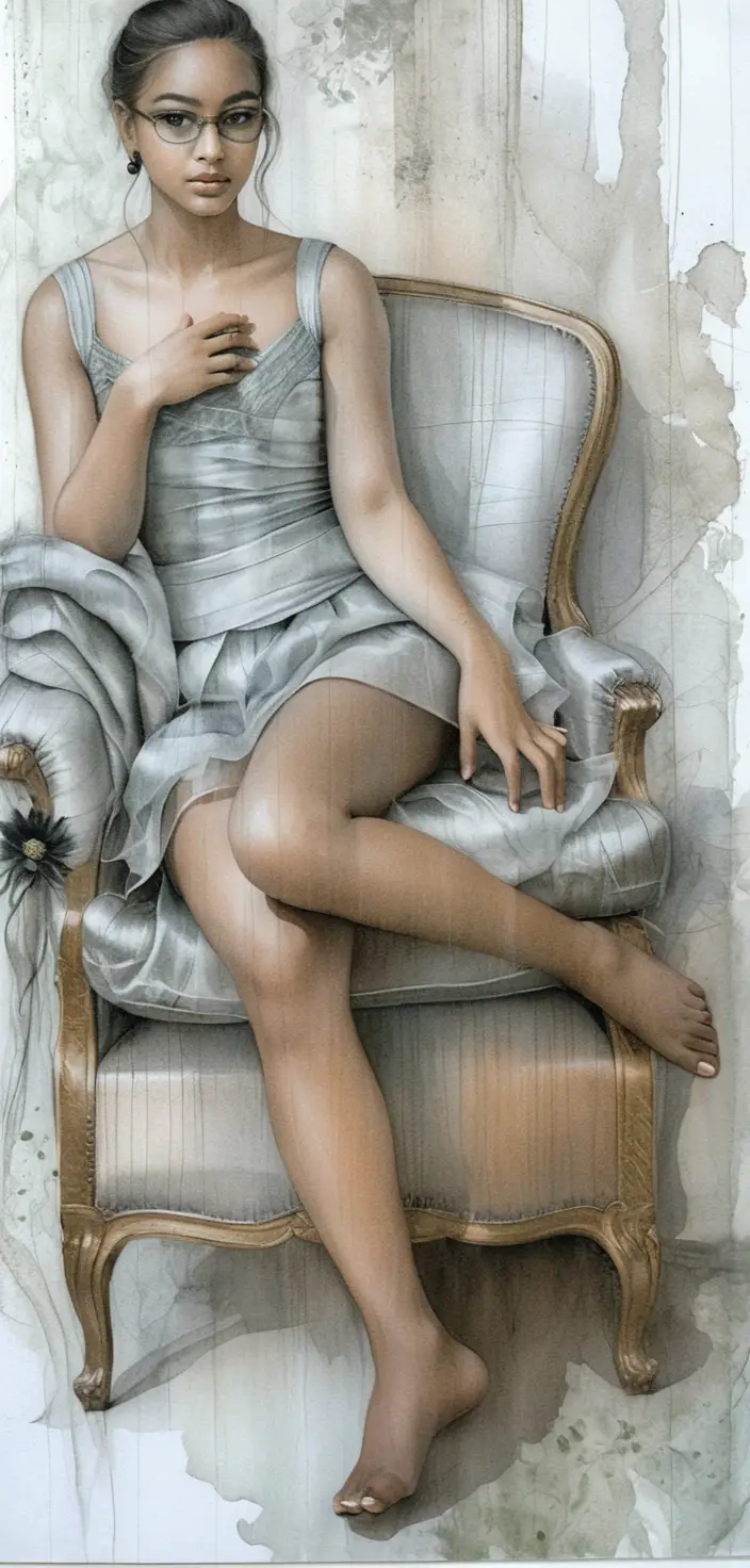 Young woman on green baroque armchair in satin and tulle