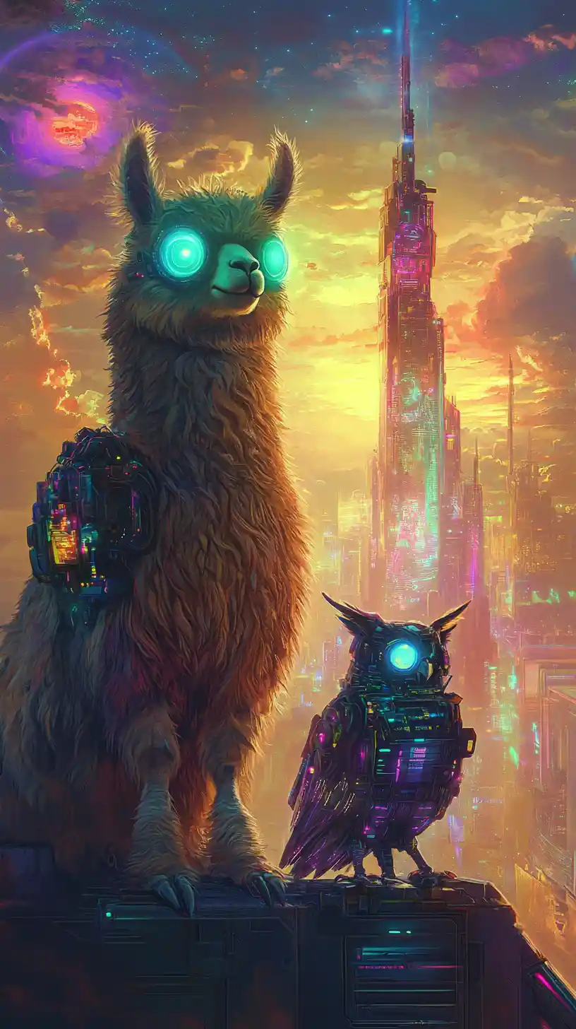 Time travelling alpaca with cybernetic owl in fantasy city