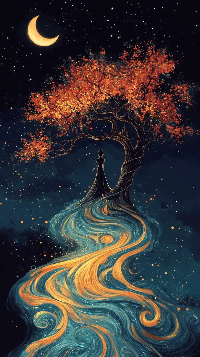 Surreal woman by a flowing river under crescent moon