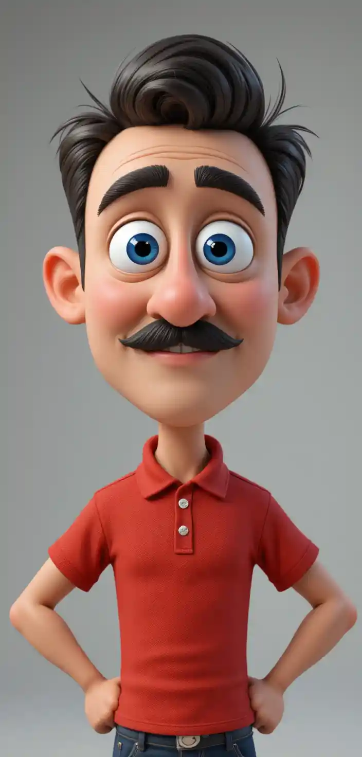 3D cartoon man with big head and surprised blue eyes