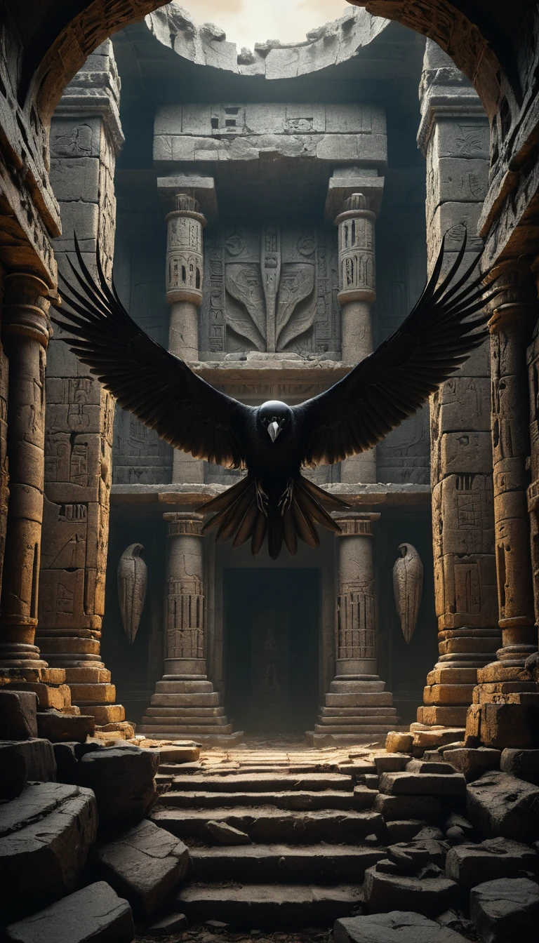 Black bird soaring above ancient ruins in torchlight
