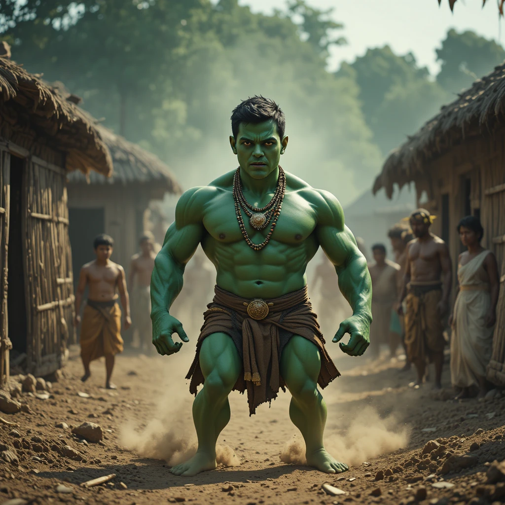 Green skinned muscular boy standing in a tense village scene