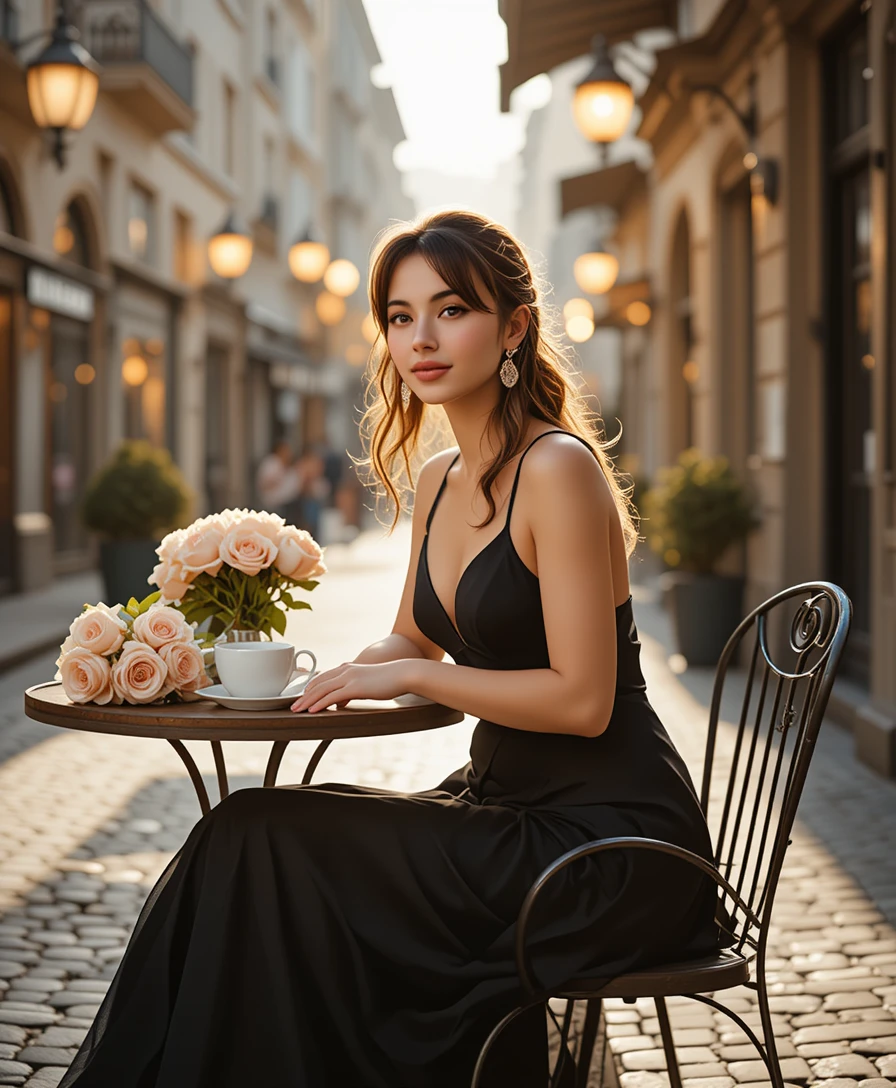 Elegant woman in black dress at sunny outdoor cafe
