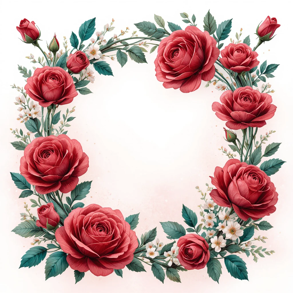 Romantic vector frame of red roses and emerald leaves
