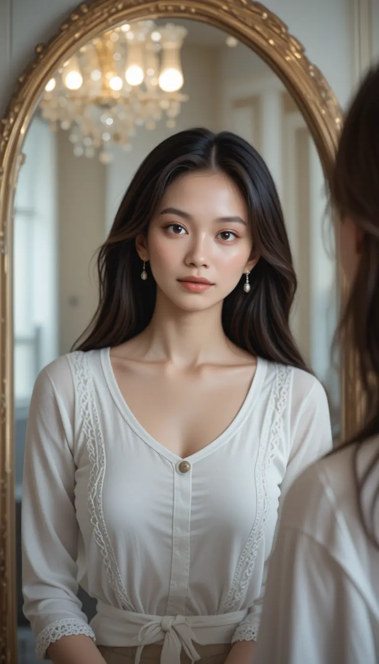 Young woman in white top looking at her mirror reflection