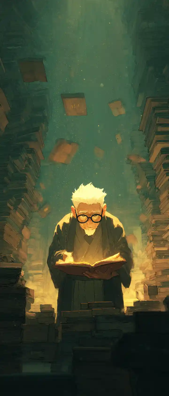 Elderly scholar reading a glowing tome in silent library