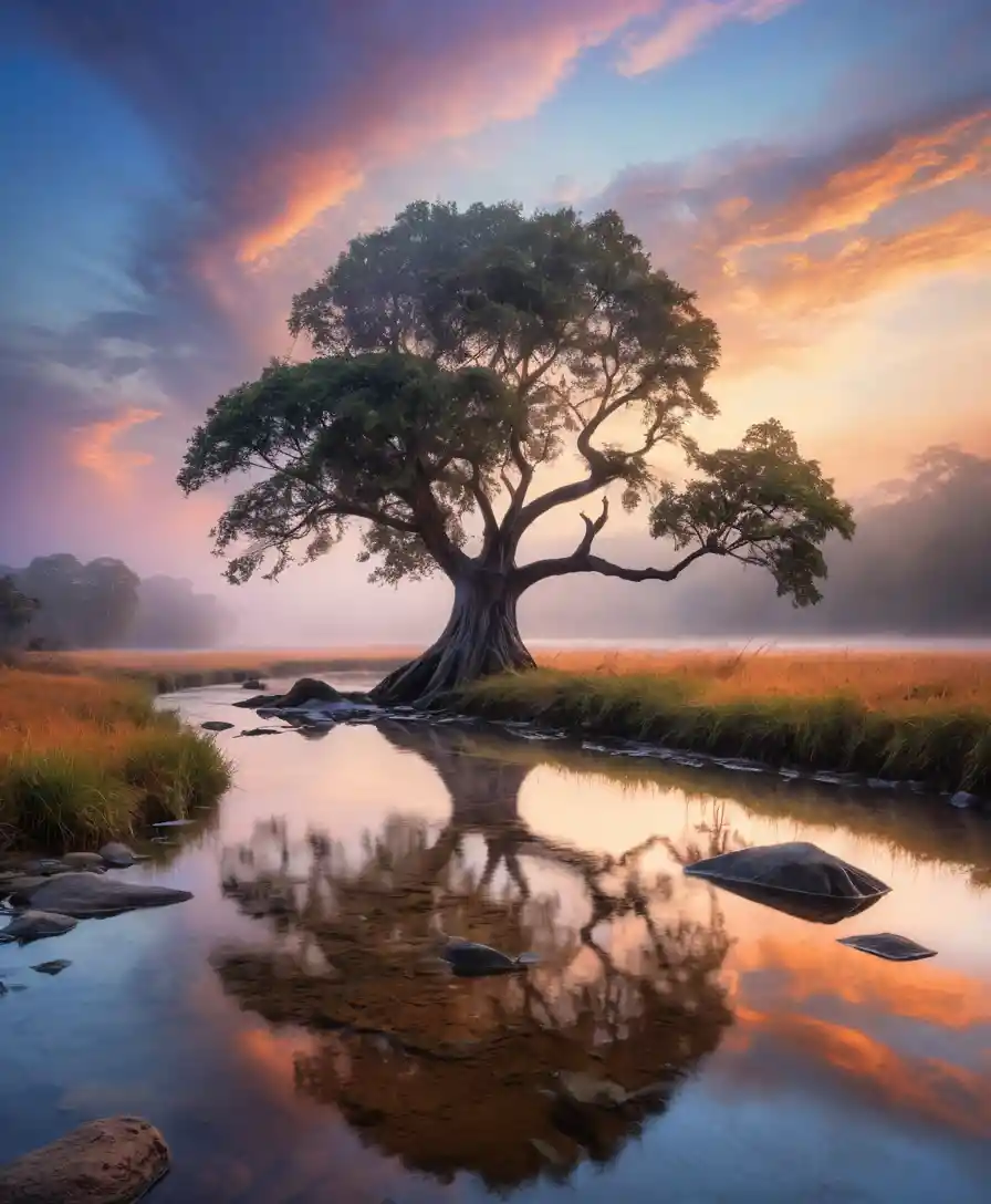 Lonely tree reflected in a tranquil Orinoco river sunset