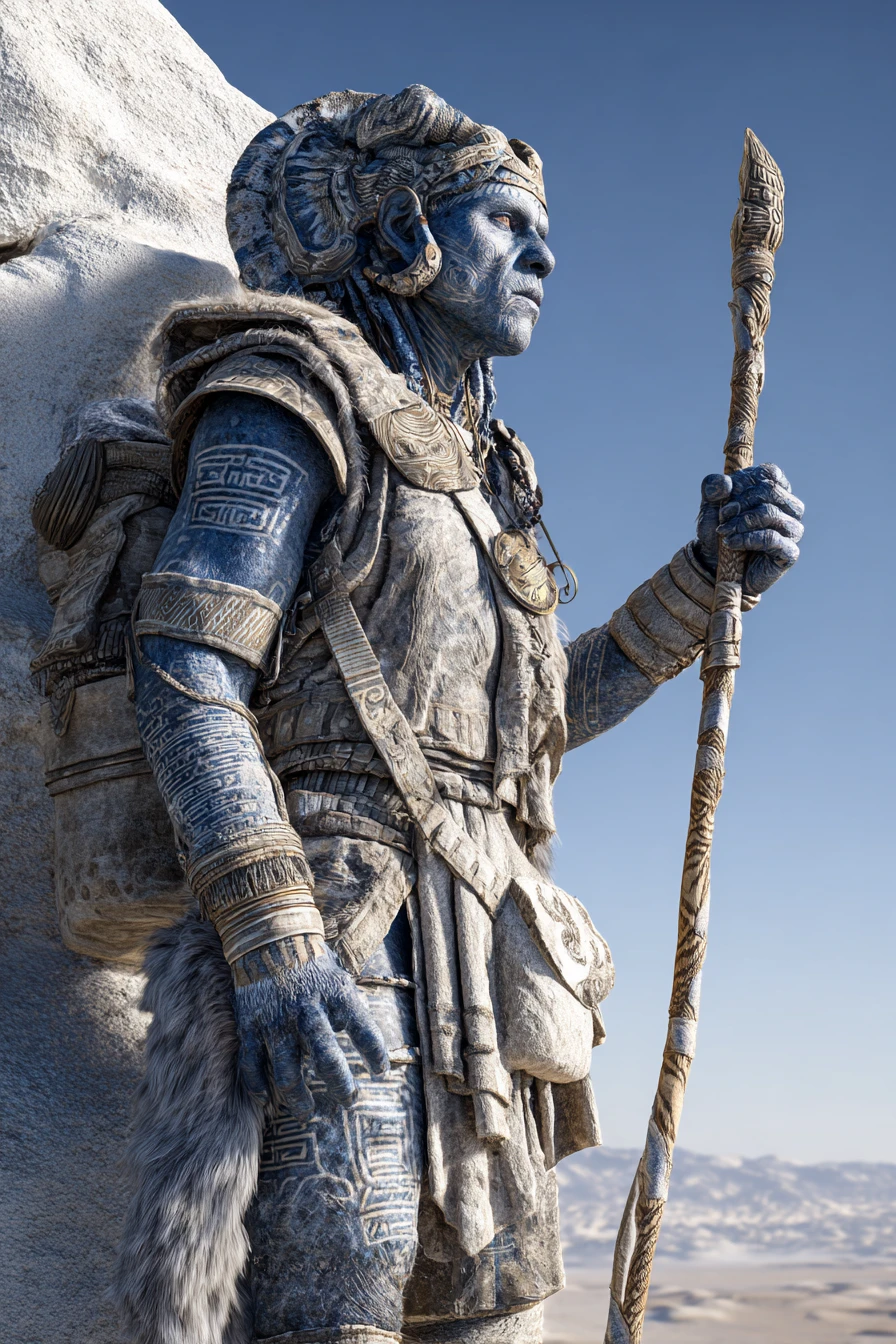 Tall humanoid annunaki figure in bright sunny landscape