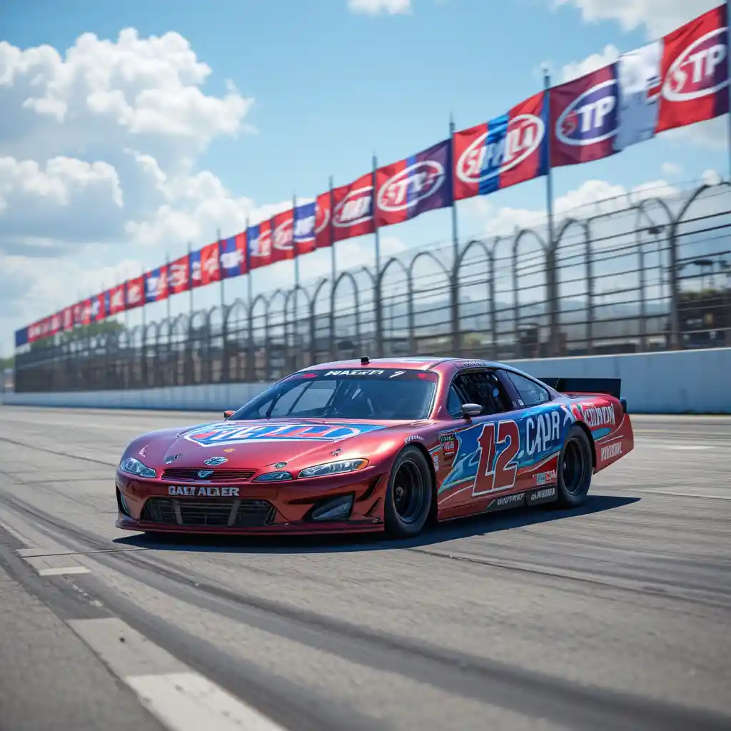 Roter und blauer Rennwagen rast über die Daytona-Strecke