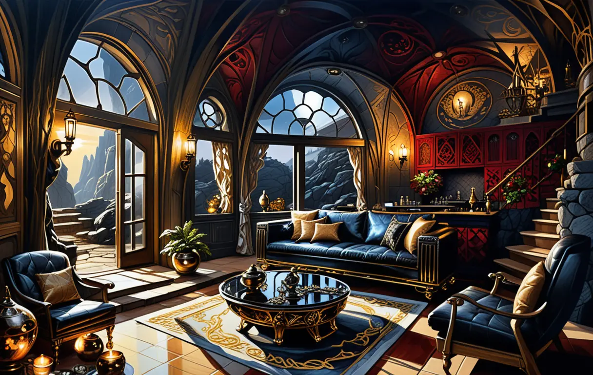 Two story stone fantasy dwelling with cozy cave interior