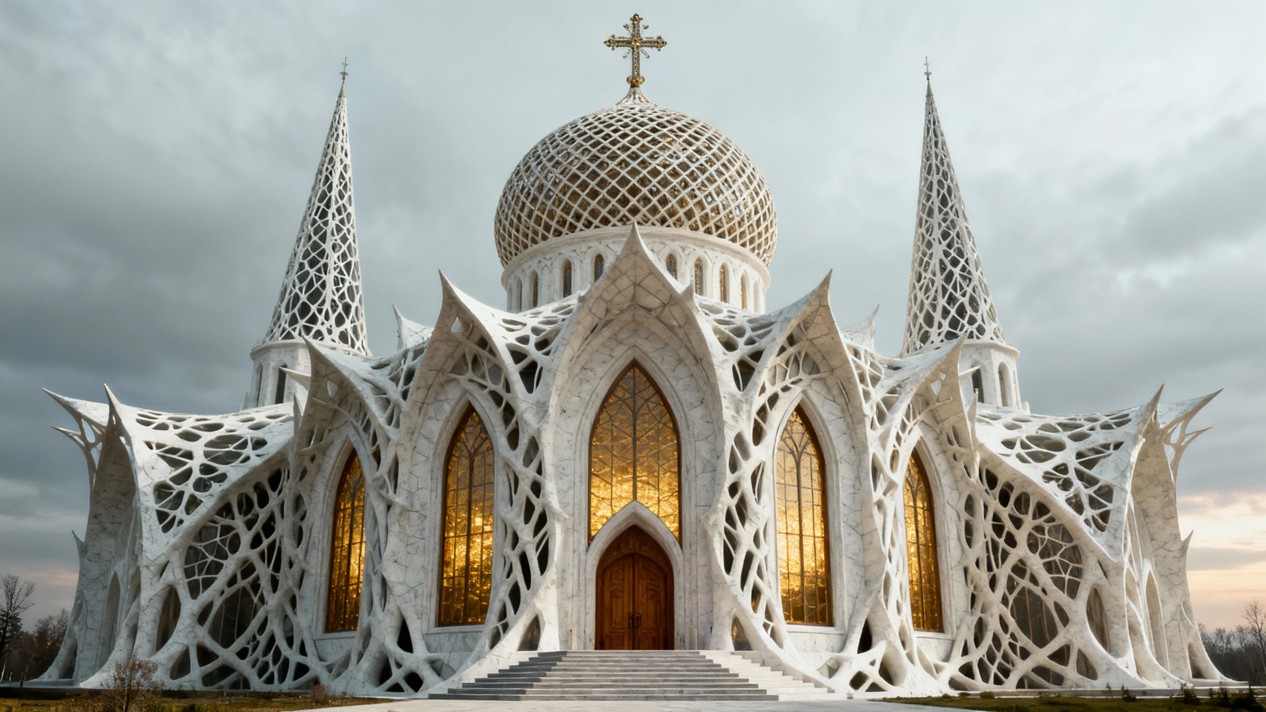 Futuristic fractal orthodox church with towering onion dome