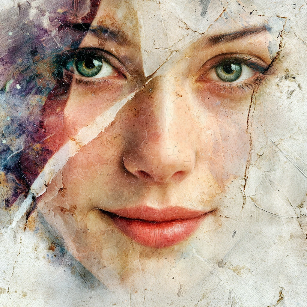 Ethereal female portrait split between red and white hues
