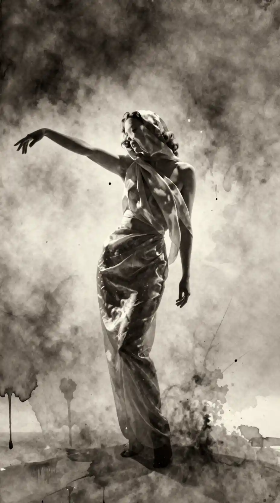 Backlit woman veiled in translucent silk with soft grain
