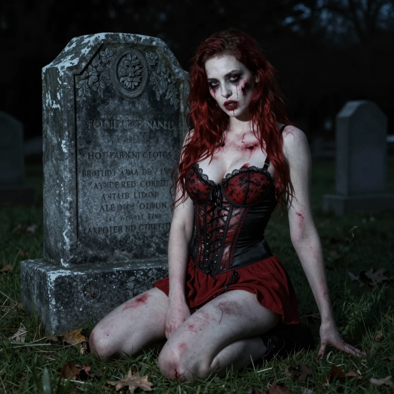 Seductive zombie woman resting against a graveyard tombstone