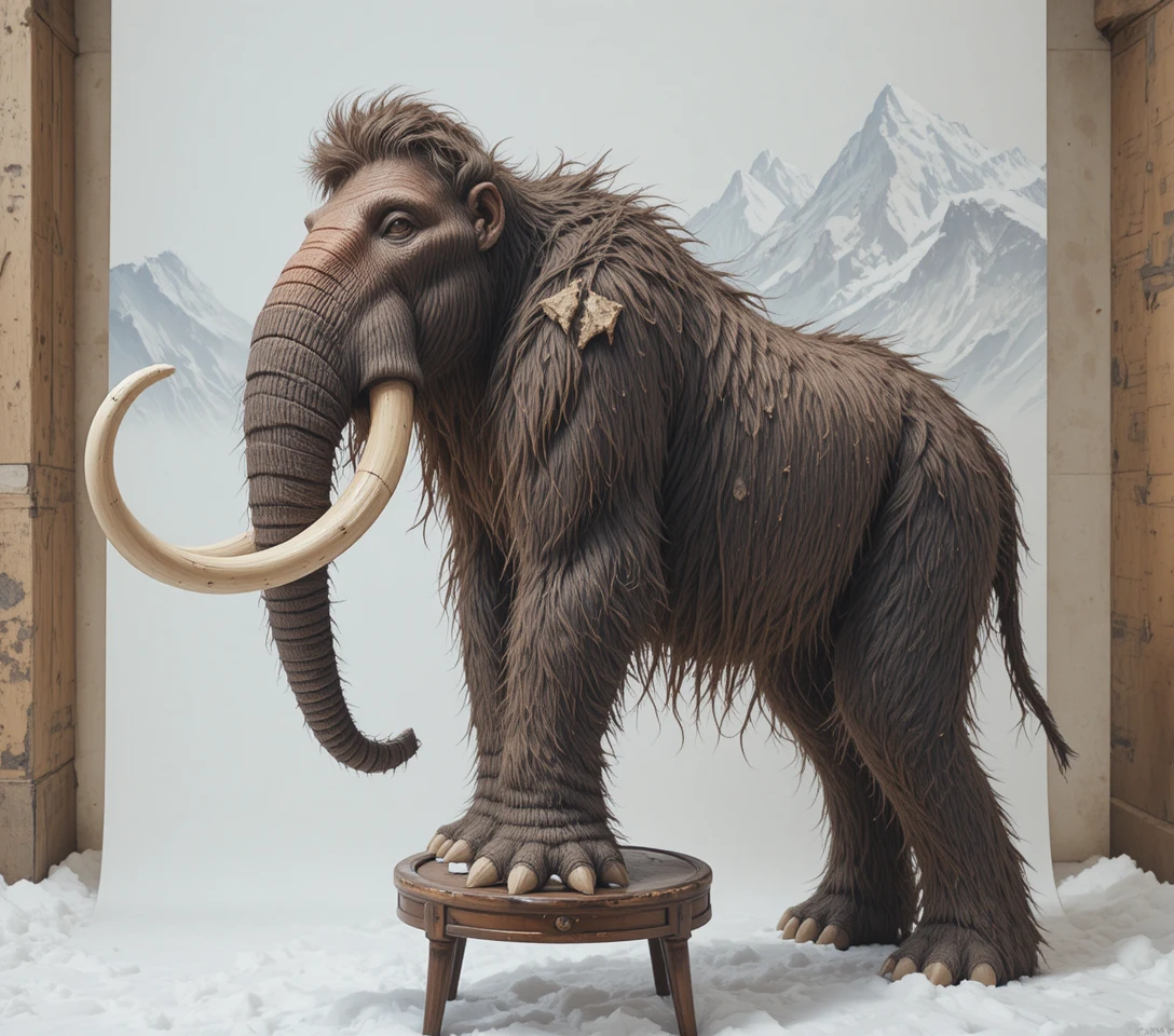 Mamut lanudo de pie sobre la nieve frente a montañas heladas