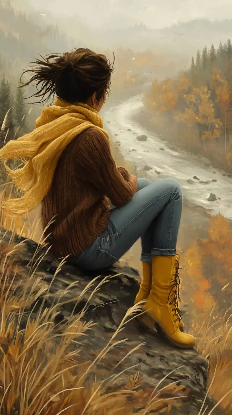 Woman Sitting On Autumn Cliff Above River Valley
