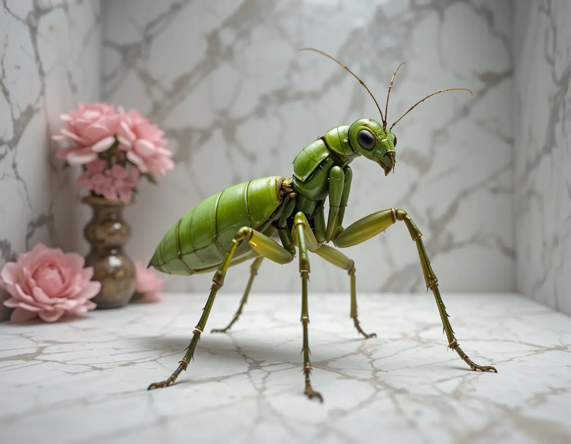 Green praying mantis on textured white background in profile