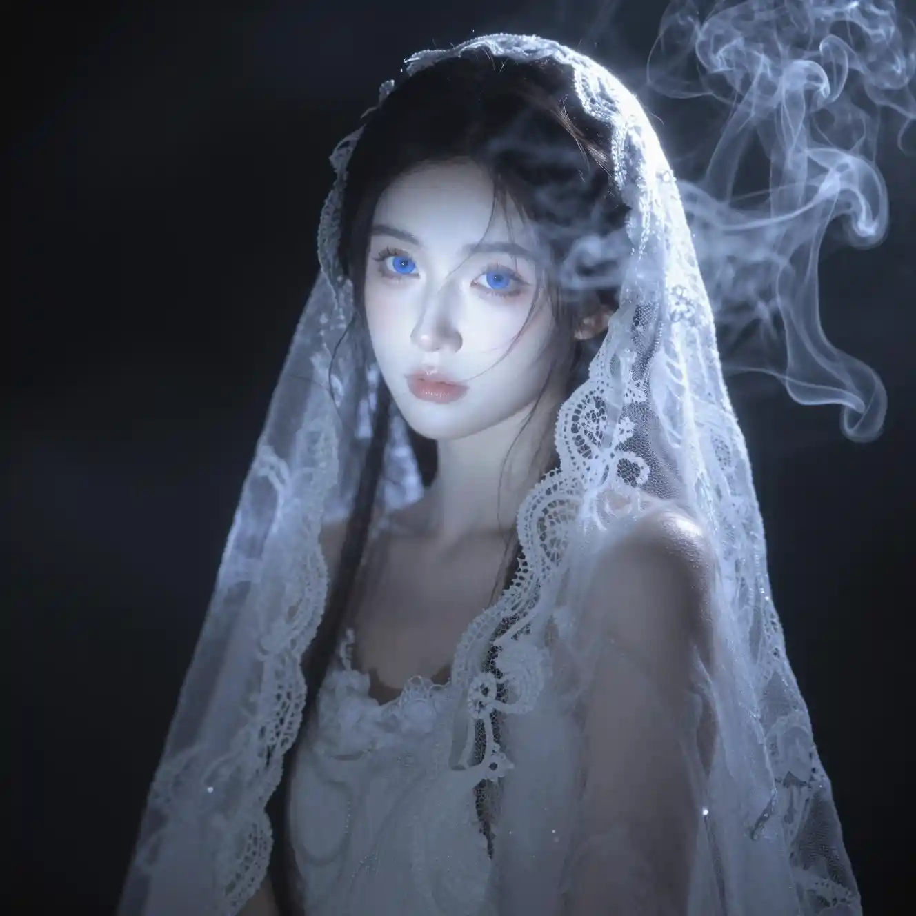 Ethereal woman in smoke against deep dark background