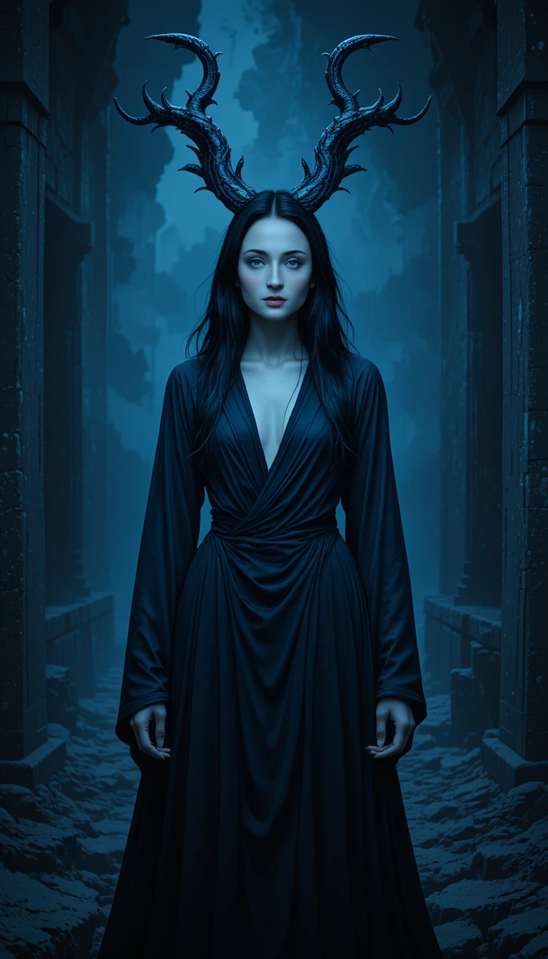 Horned mystical woman glowing in dark stone ruins