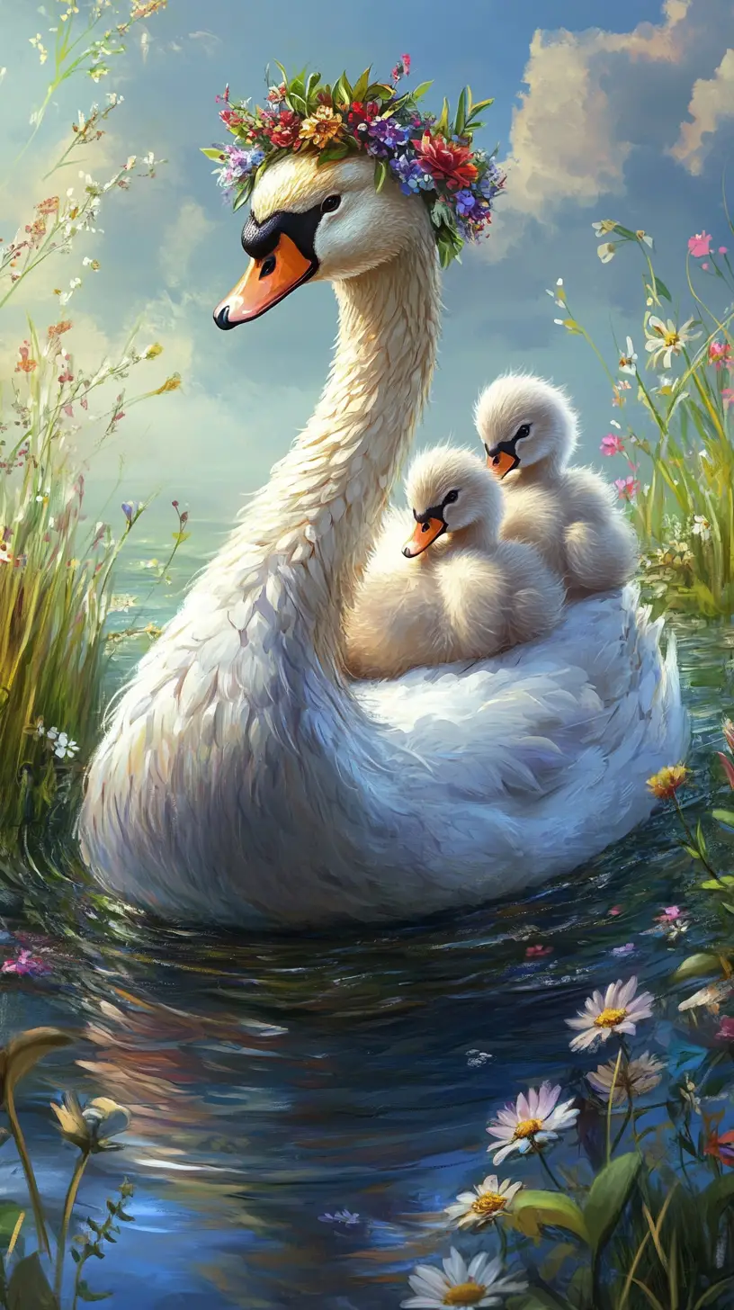 Graceful swan with cygnets on a flower crowned pond