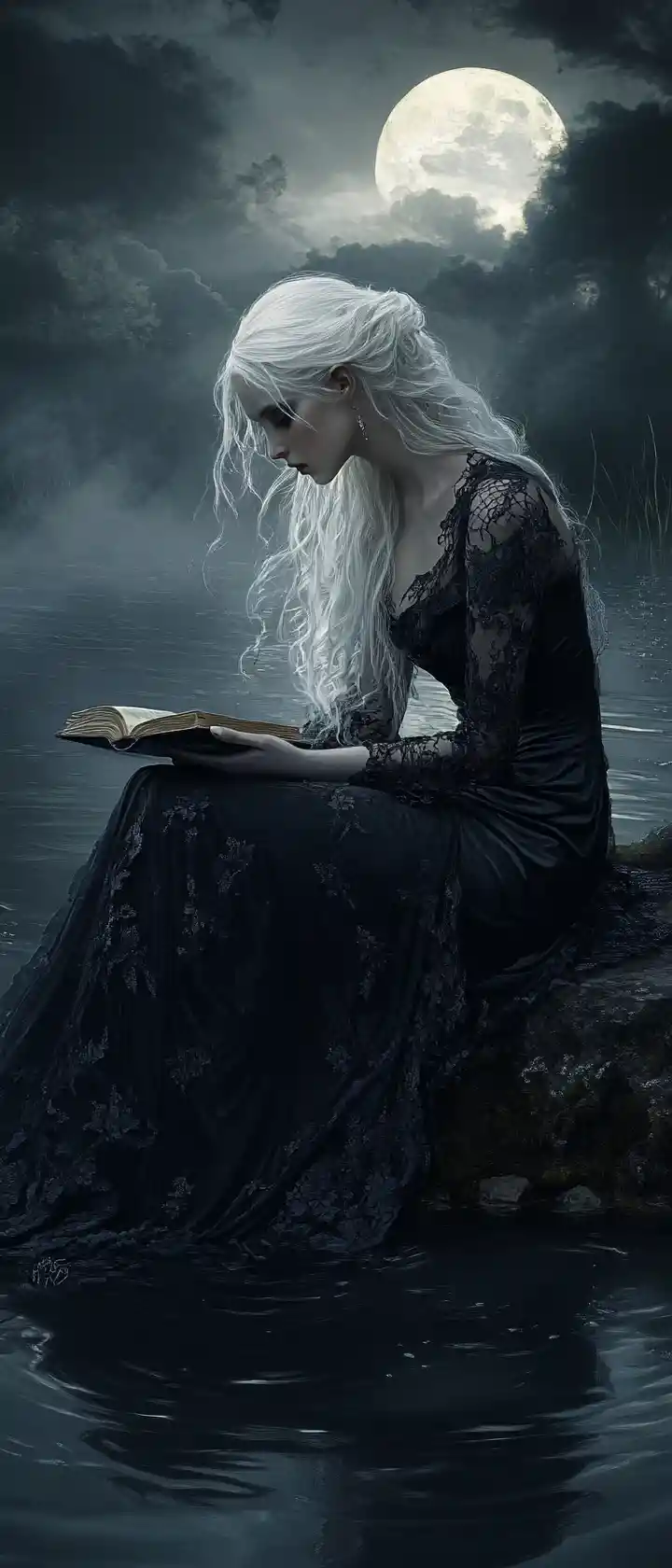 Mystical woman reading by a moonlit misty pond