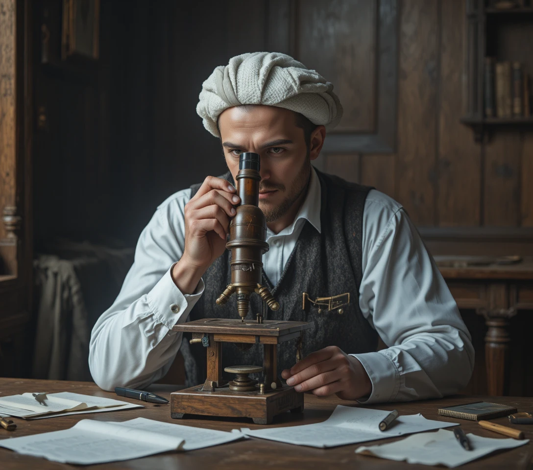 Historical scientist studying through an antique wooden microscope