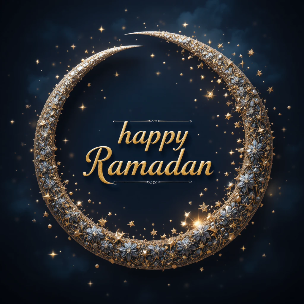 Lua crescente dourada e estrelas com o texto Happy Ramadan