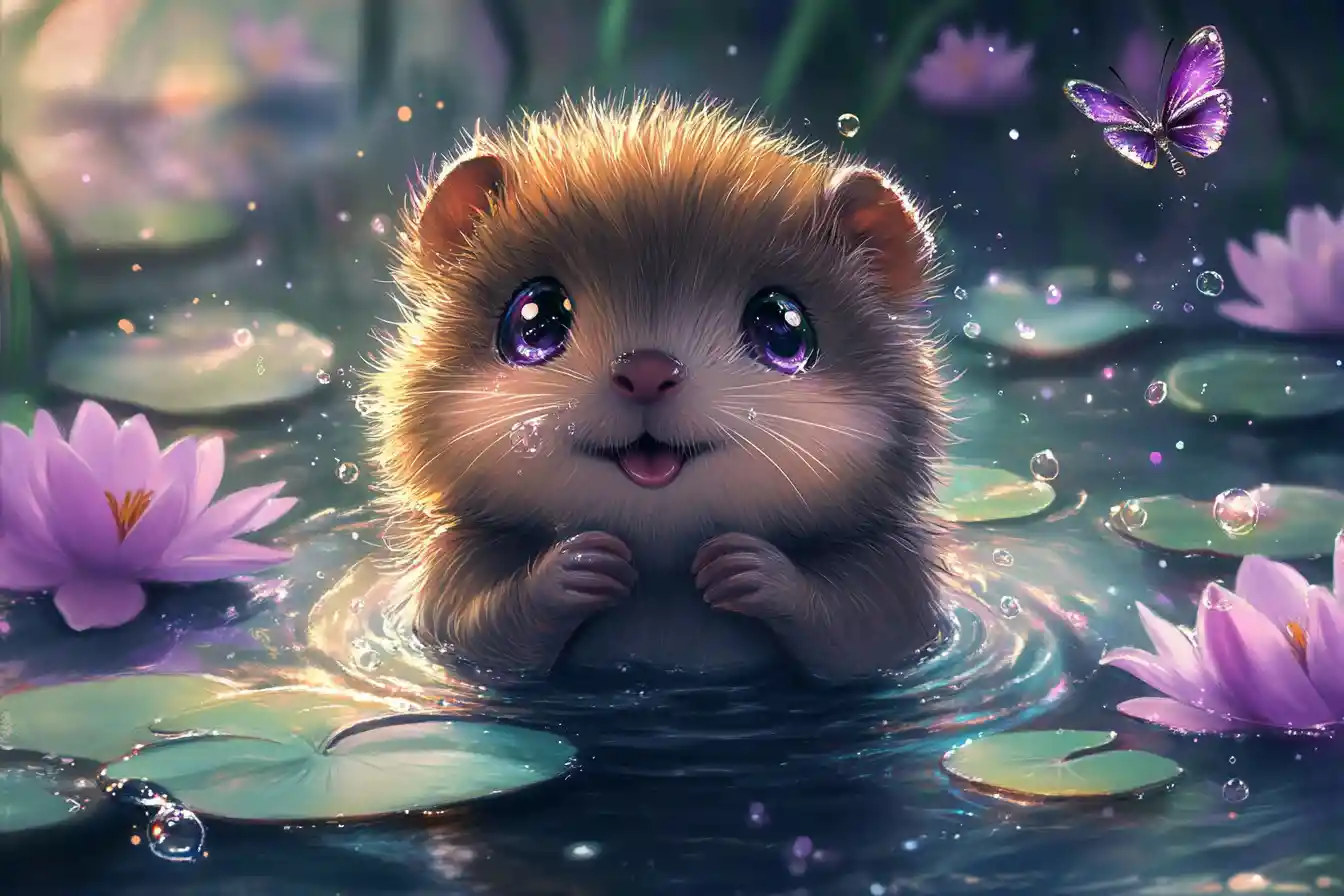 Cute chibi muskrat splashing in a magical lily pond