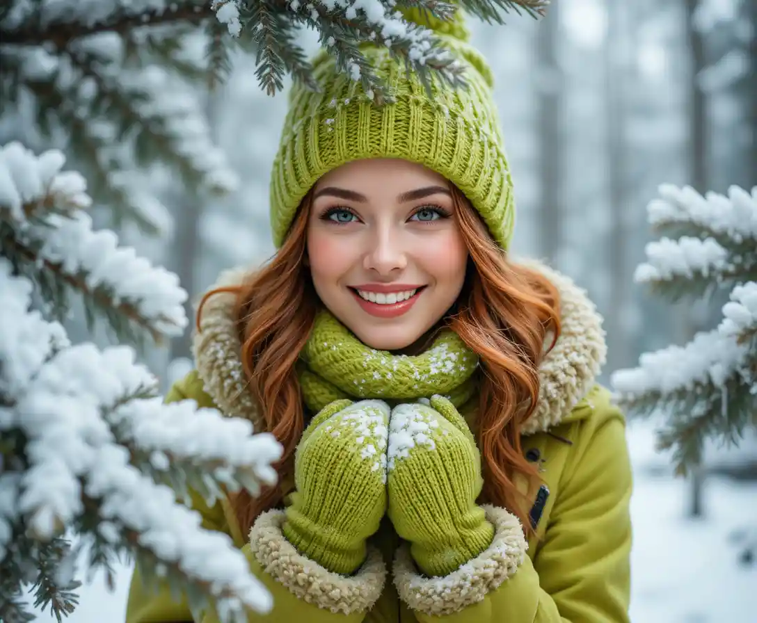 Lächelnde rothaarige Frau in grüner Winterkleidung im Schnee