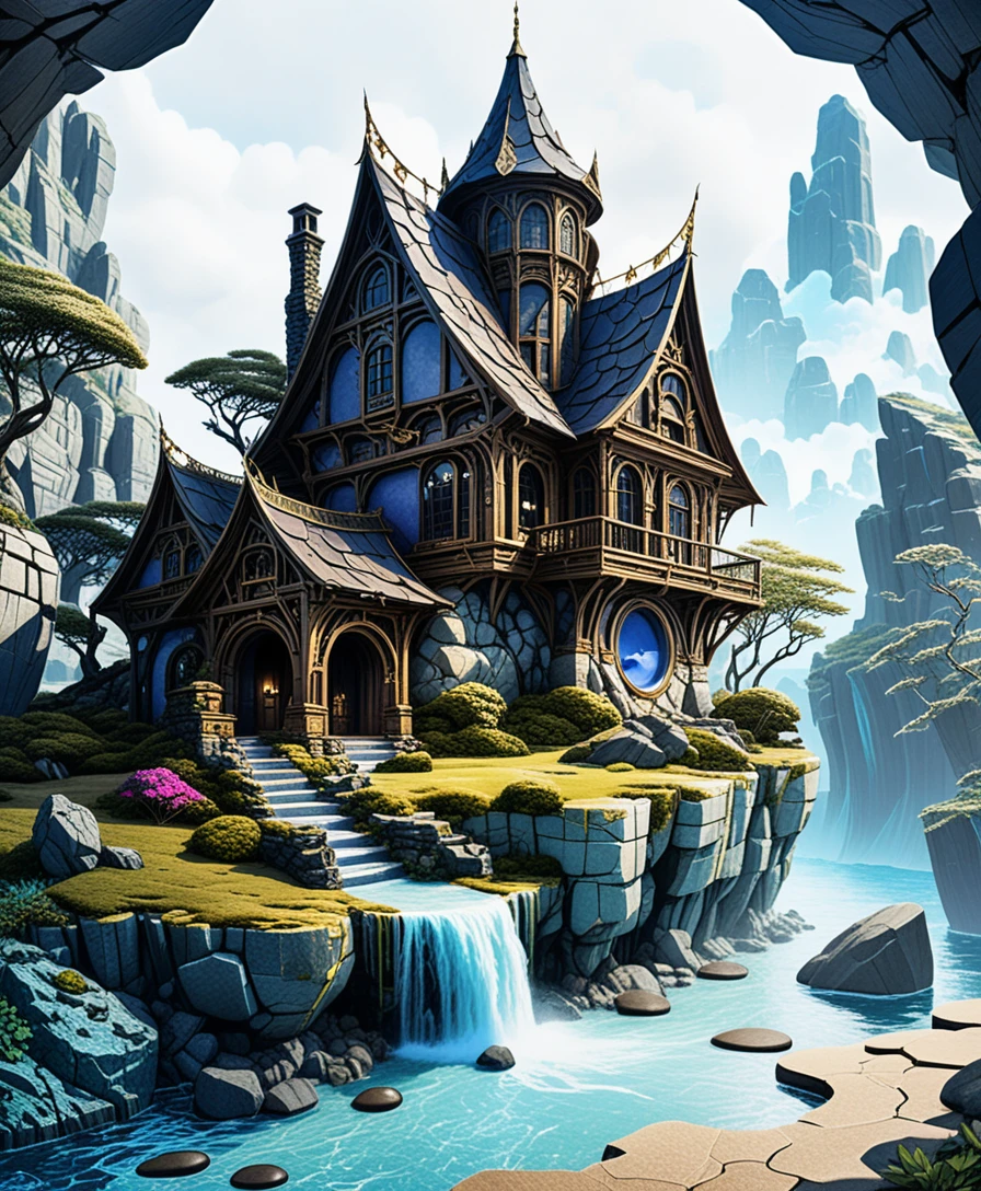 Mystisches Steinhöhlenhaus mit warmer Fantasie-Inneneinrichtung