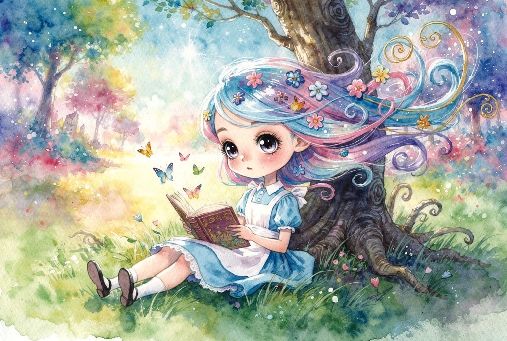 Verspieltes Aquarellmädchen, das unter einem Baum liest