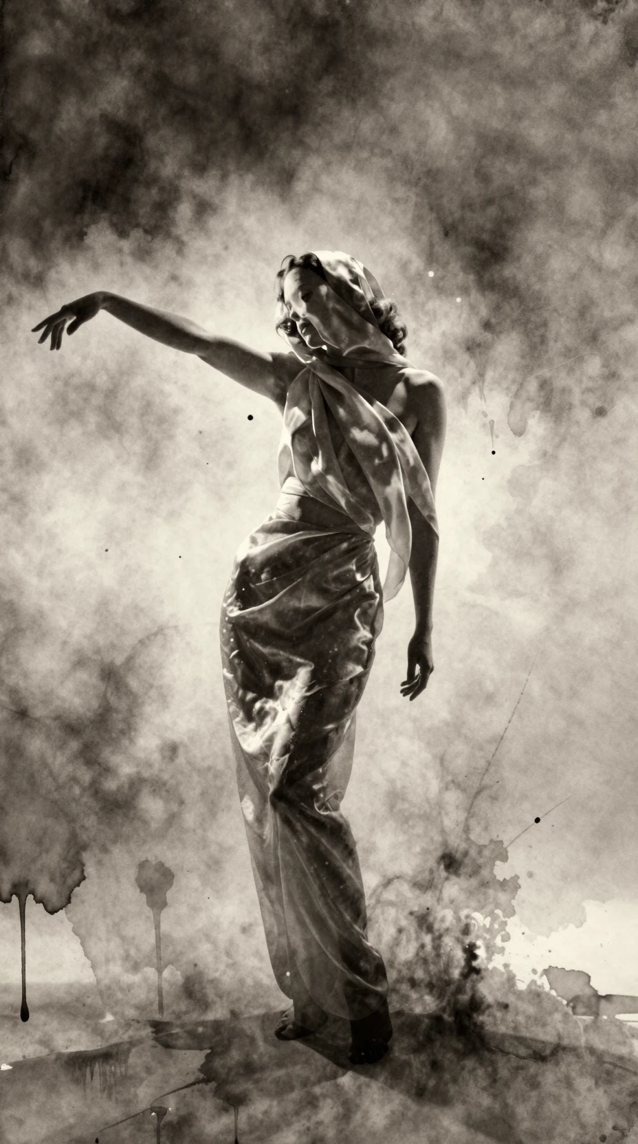 Backlit woman veiled in translucent silk with soft grain