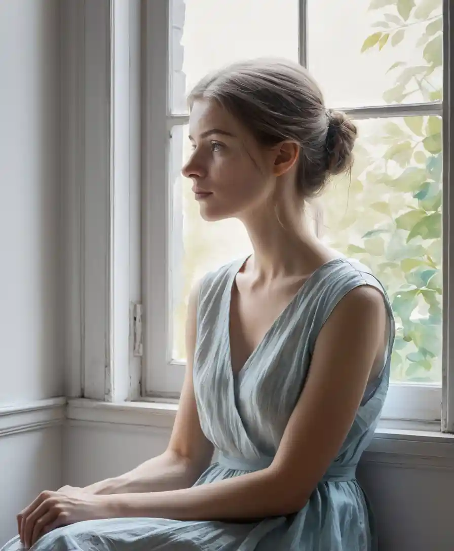 Contemplative woman by a softly lit interior window