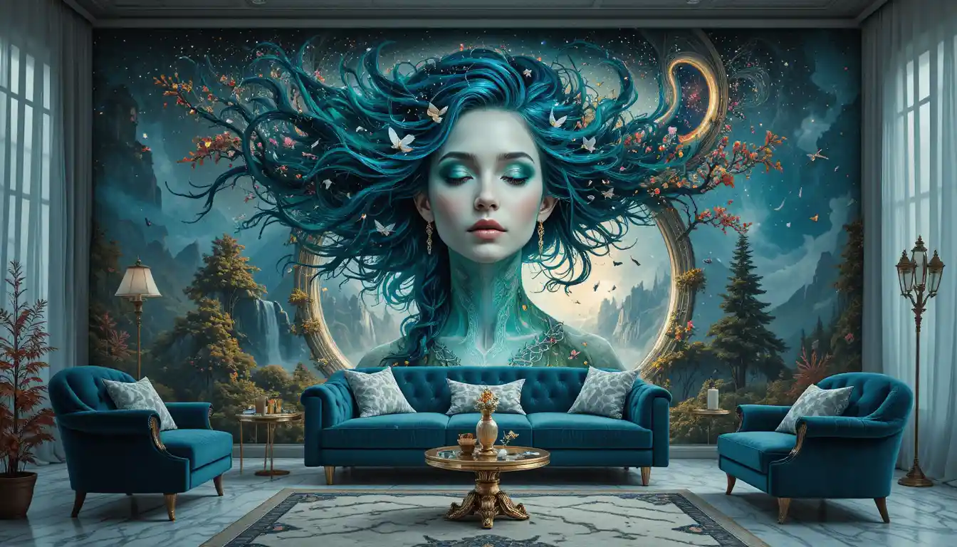 Dreamy woman with flowing hair transforming into waterfalls